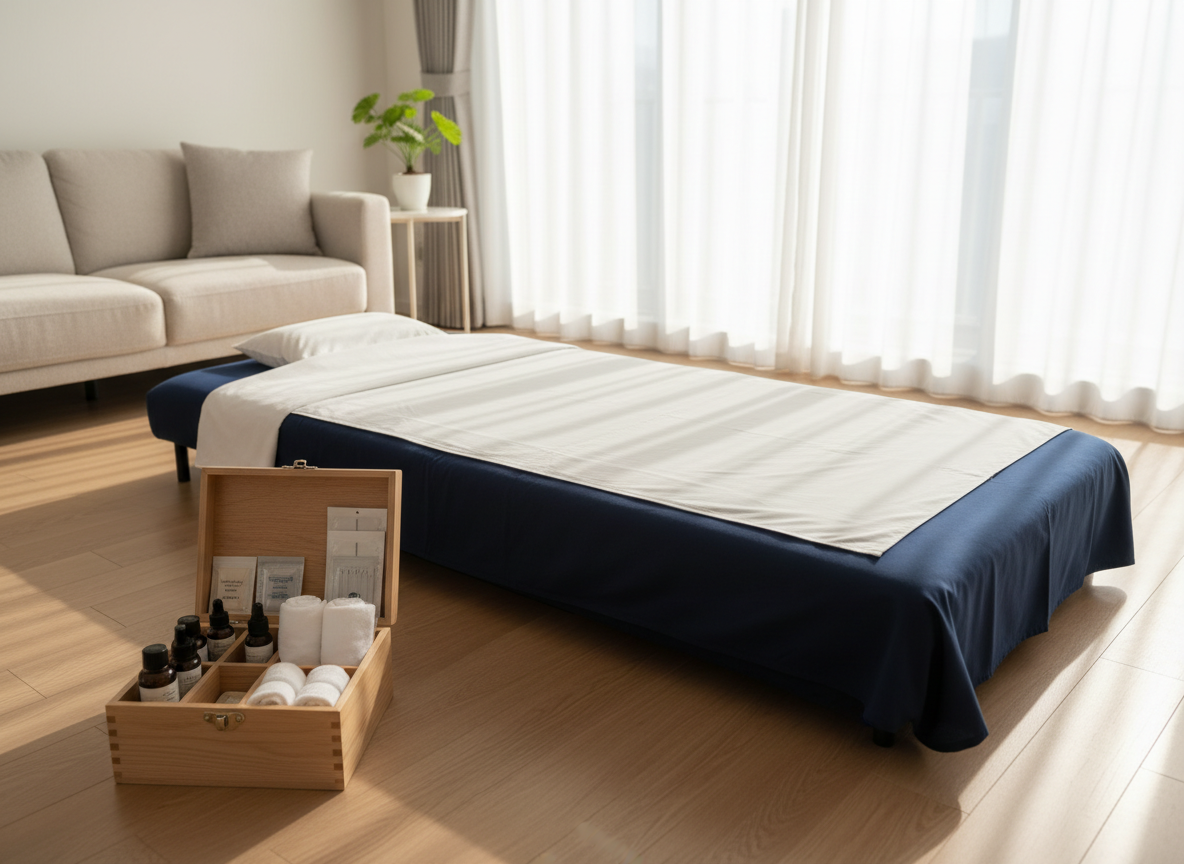 A neatly folded navy-blue massage futon with a crisp white cotton sheet stretched smoothly over it, placed in the center of a bright, modern Tokyo apartment living room. Beside the futon rests a compact wooden toolbox partially open, revealing neatly arranged massage oils, clean towels, and sealed acupuncture needle cases, all emphasizing professionalism and hygiene. Soft afternoon natural light filters through sheer curtains, casting gentle, calming shadows on the light oak flooring. Photographic realism at eye level, with a slight wide-angle view that keeps the entire scene in sharp focus. The mood is calm, trustworthy, and professional, suggesting a high-quality home visit bodywork service without showing any people.