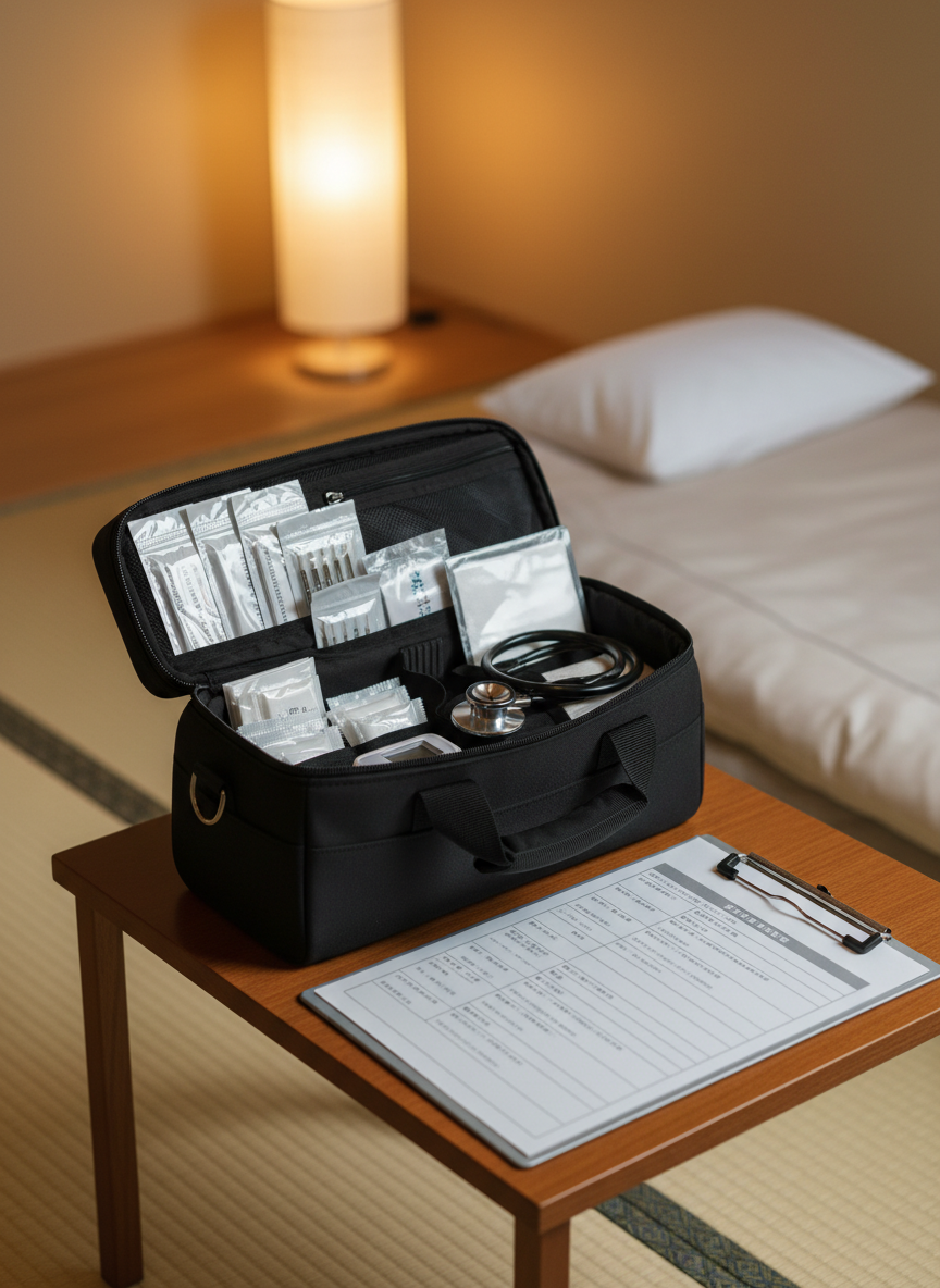 An organized, open black medical bag on a low wooden side table, filled with carefully arranged acupuncture and manual therapy tools: sterile blister packs of needles, a digital thermometer, alcohol swabs, cotton balls, a compact stethoscope, and a clean clipboard with a blank intake form in Japanese. The setting is a tidy, modern Japanese tatami room with a simple futon laid out in the background, softly out of focus. Warm, indirect evening light from a floor lamp creates gentle highlights on the metal instruments and a cozy, reassuring atmosphere. Photographic realism, eye-level composition with shallow depth of field draws attention to the tools, emphasizing the national qualifications and medical professionalism behind the visiting treatment service.