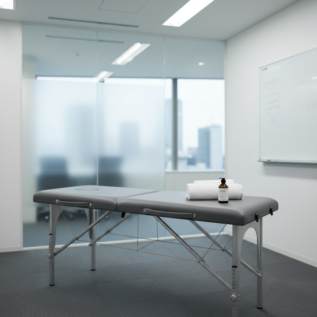 A portable, professional-grade massage table in muted gray with sturdy aluminum legs, carefully set up in a minimalist office meeting room in Tokyo’s business district. On the table lies a neatly folded white towel and a small, dark amber bottle of massage oil with a simple, elegant label. Frosted glass partitions and a sleek whiteboard in the softly blurred background hint at a corporate environment. Cool, diffused fluorescent ceiling light blends with faint daylight from a window, creating an even, clinical yet welcoming brightness. Shot from a slightly elevated angle in photographic realism, the composition uses the rule of thirds to place the table prominently, conveying the idea of on-site treatment at the workplace.